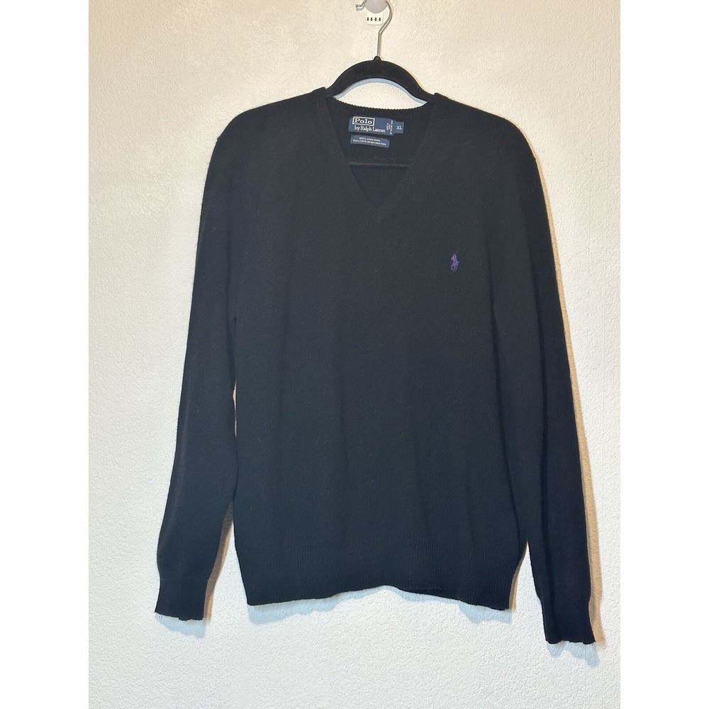 Vtg Polo Ralph Lauren Lambs Wool Sweater Mens XL Black V-Neck Preppy